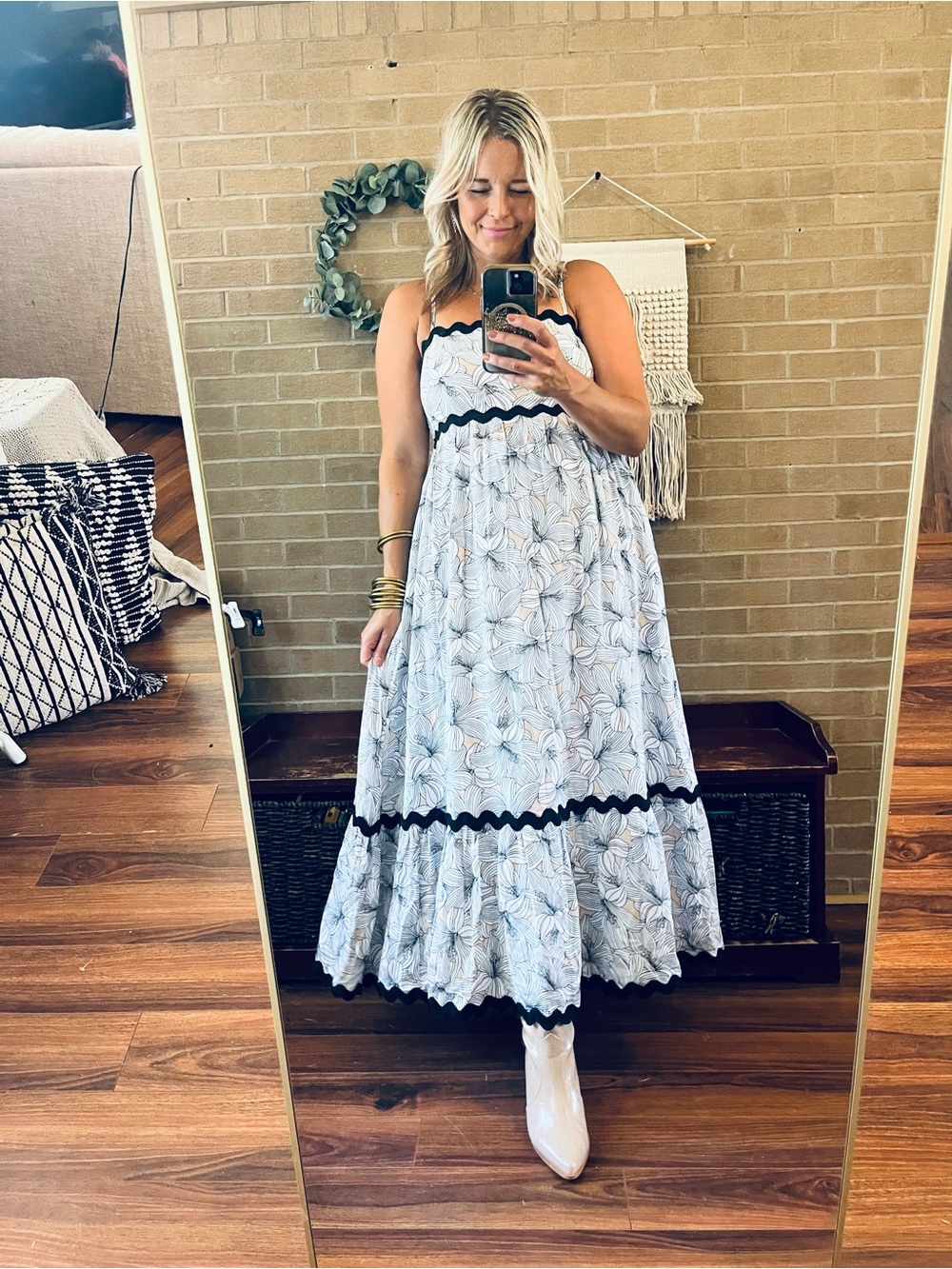 Listicle White Floral Maxi Dress with Black Trim